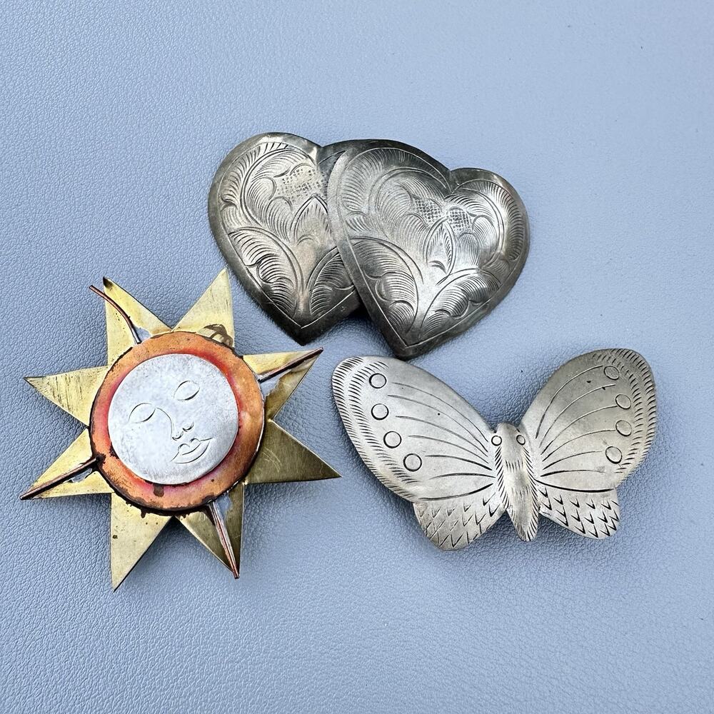 Vintage Sun Face Brooch Silver Tone Mixed Metal Butterfly Heard Southwest Lot - Picture 2 of 6